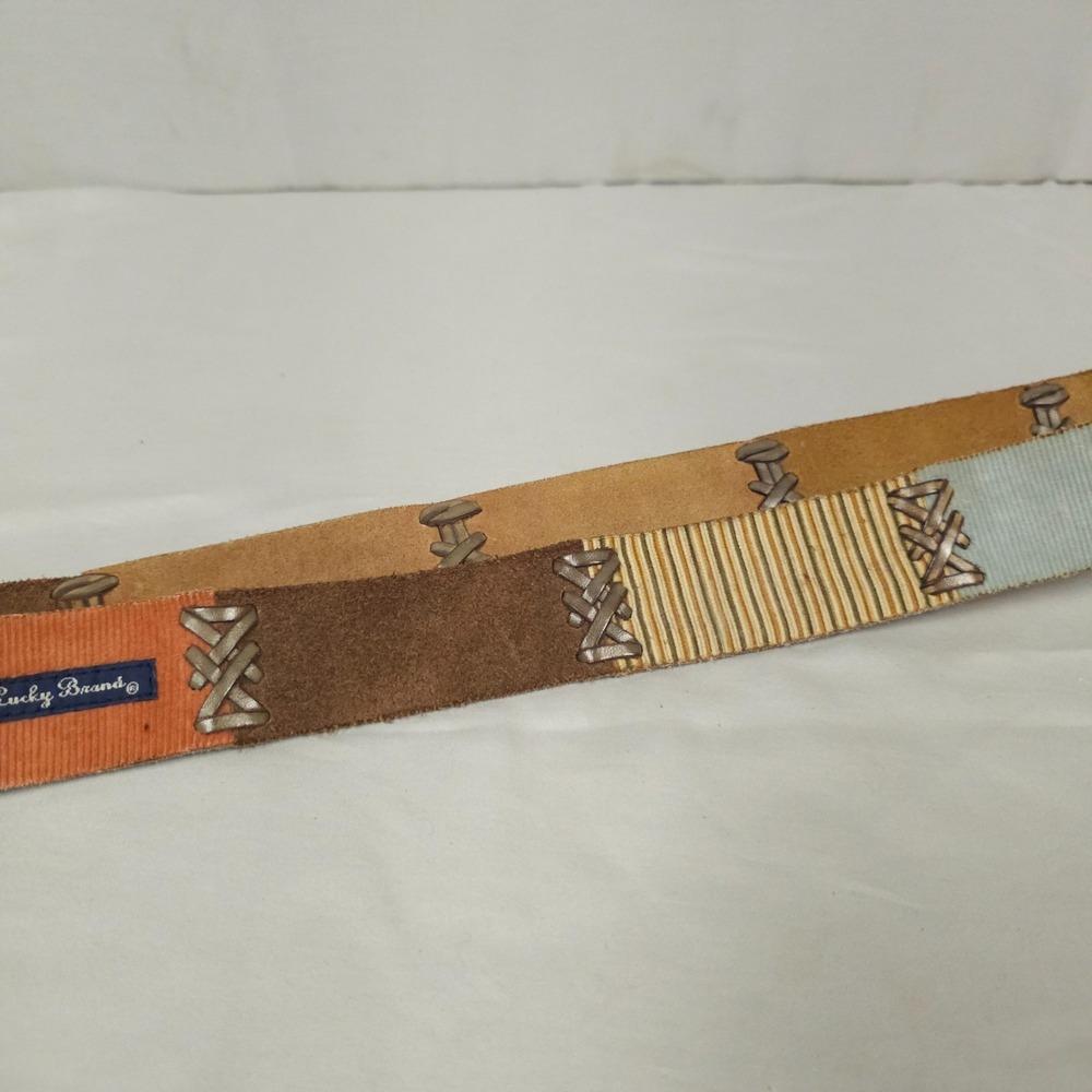 Vintage Lucky Brand Leather Belt Women 30 Inch Length Leather Corduroy Patchwork - Picture 5 of 15